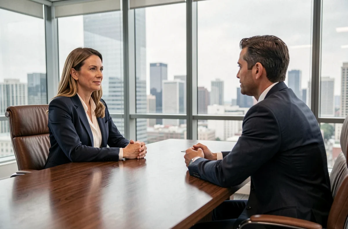 Professionnelle en blazer marine qui s'explique calmement à un client en costume sombre dans une salle de réunion moderne avec vue sur la ville