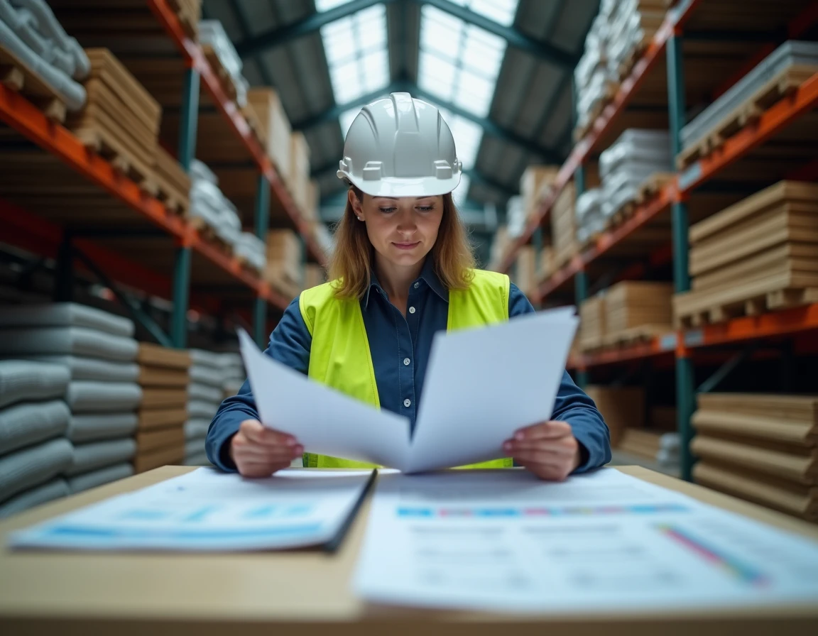 Responsable achats BTP comparant des fiches prix de matériaux dans un entrepôt de fournitures de construction