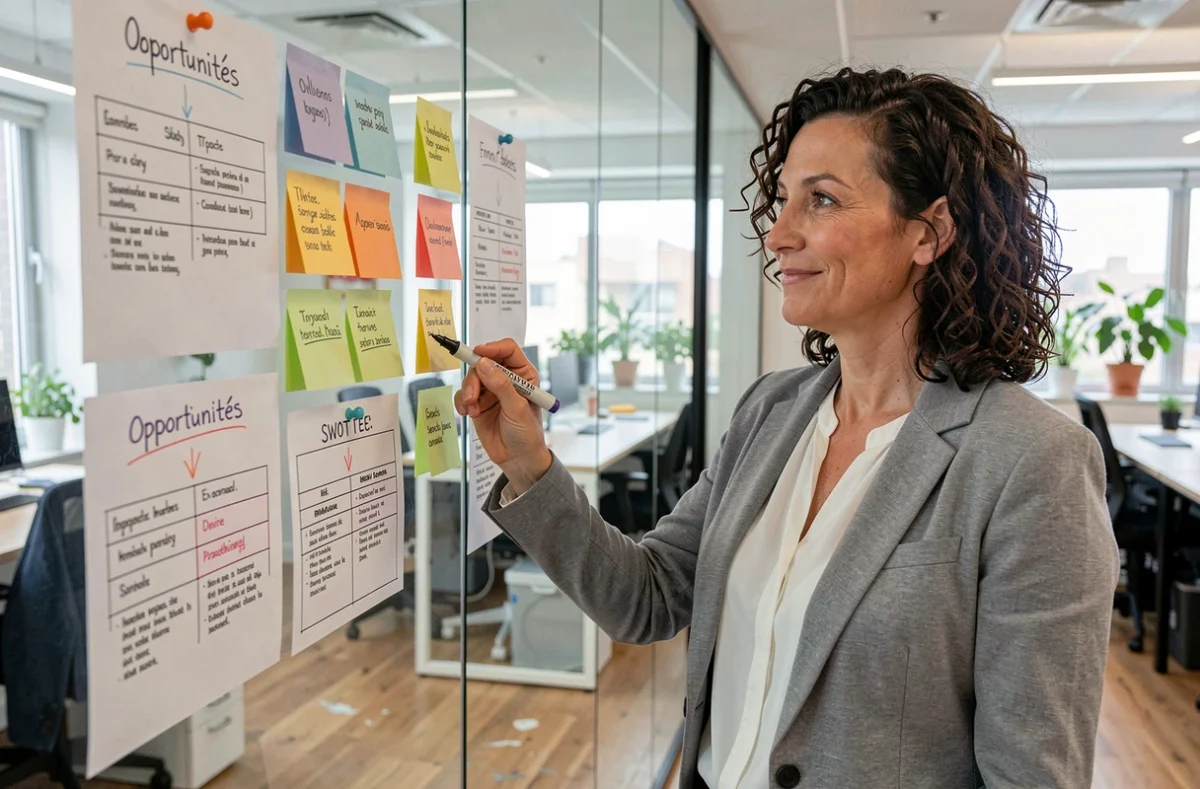 Responsable associative présentant une analyse SWOT affichée sur une vitre dans un espace de travail collaboratif