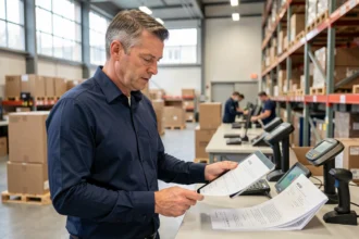 Responsable logistique analysant les résultats d'un service d'avisage sur tablette dans un entrepôt moderne