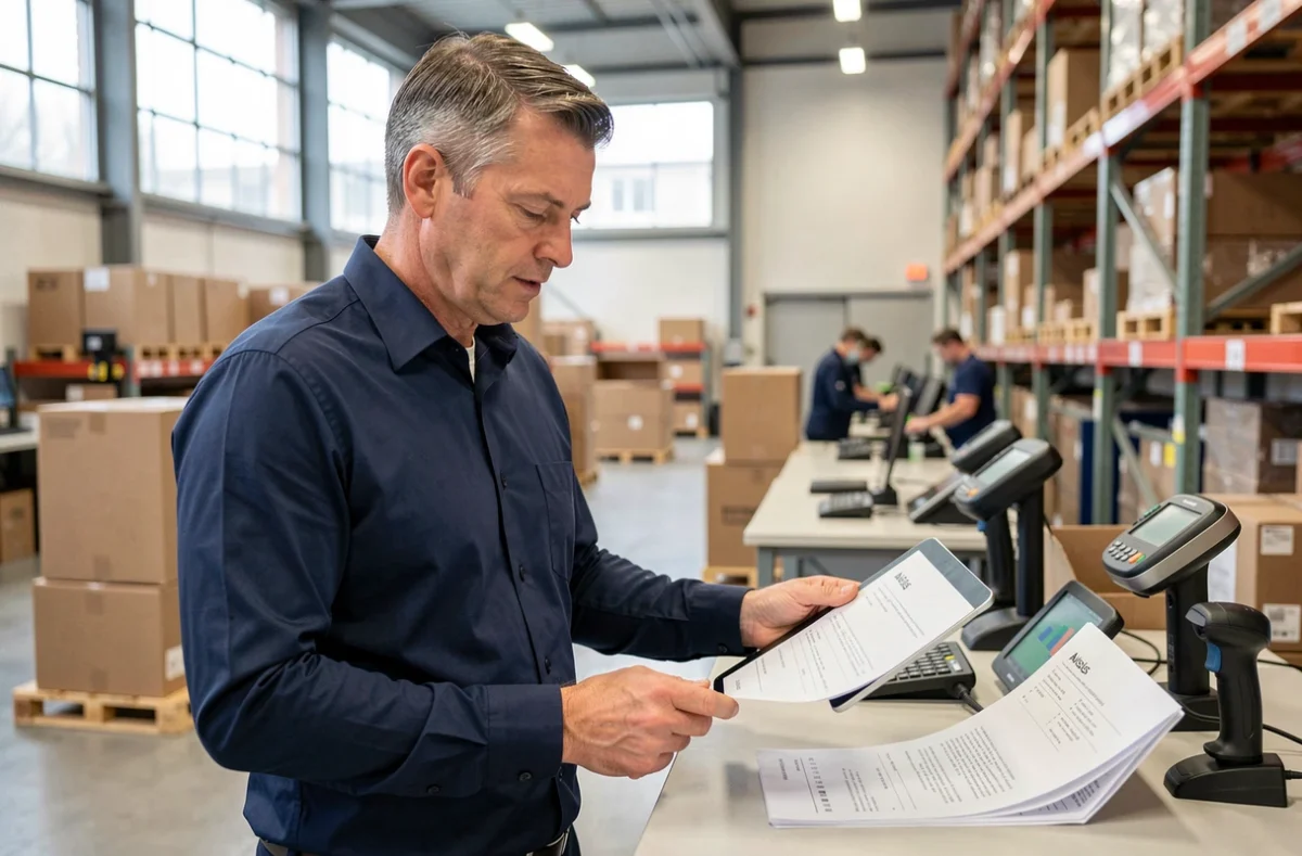 Responsable logistique analysant les résultats d'un service d'avisage sur tablette dans un entrepôt moderne