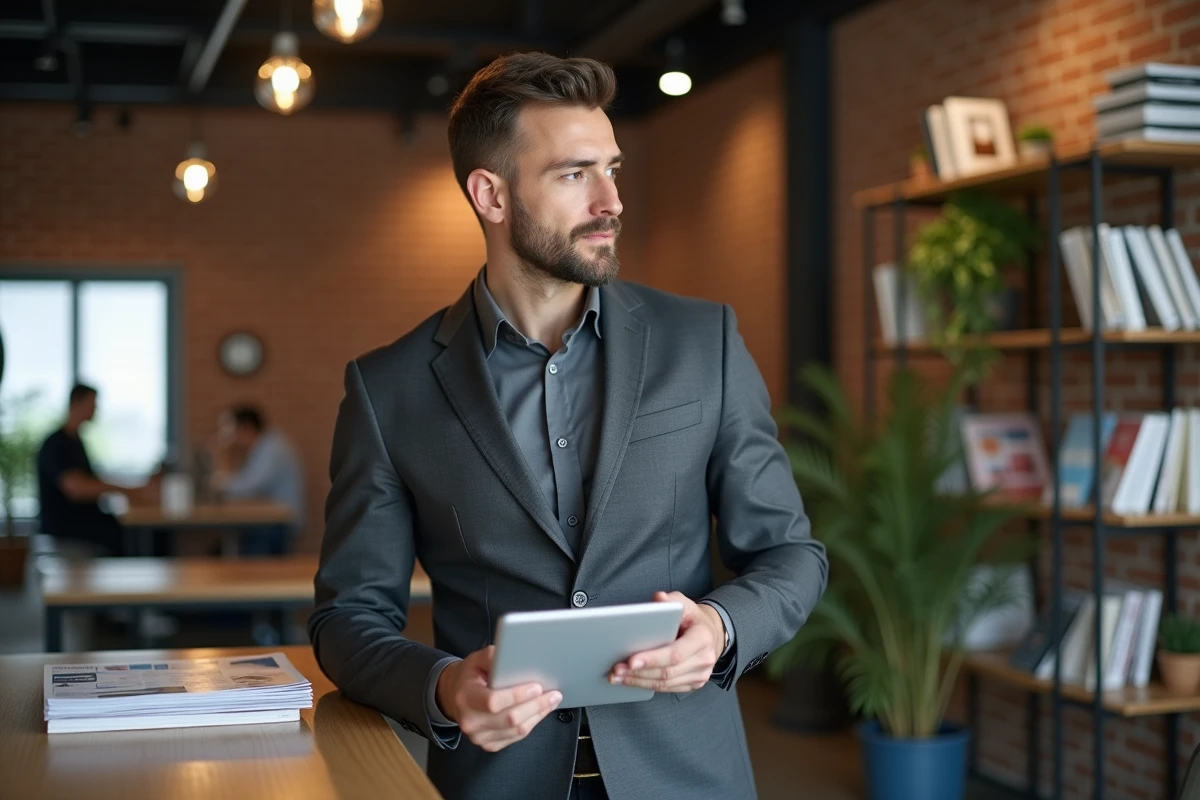 Responsable marketing tenant un dossier média B2B et une tablette dans un espace de coworking avec publications professionnelles