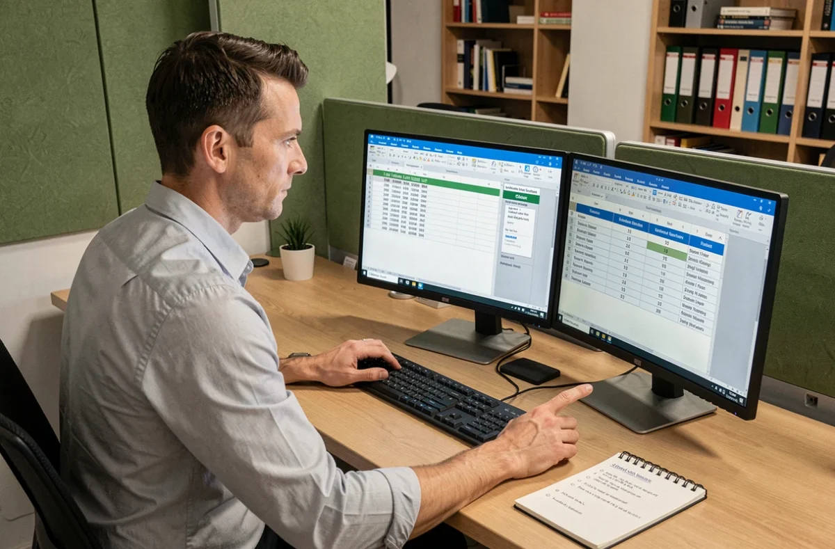 Responsable RH analysant des tableaux de compensation pour des horaires de 12 heures sur un ordinateur de bureau
