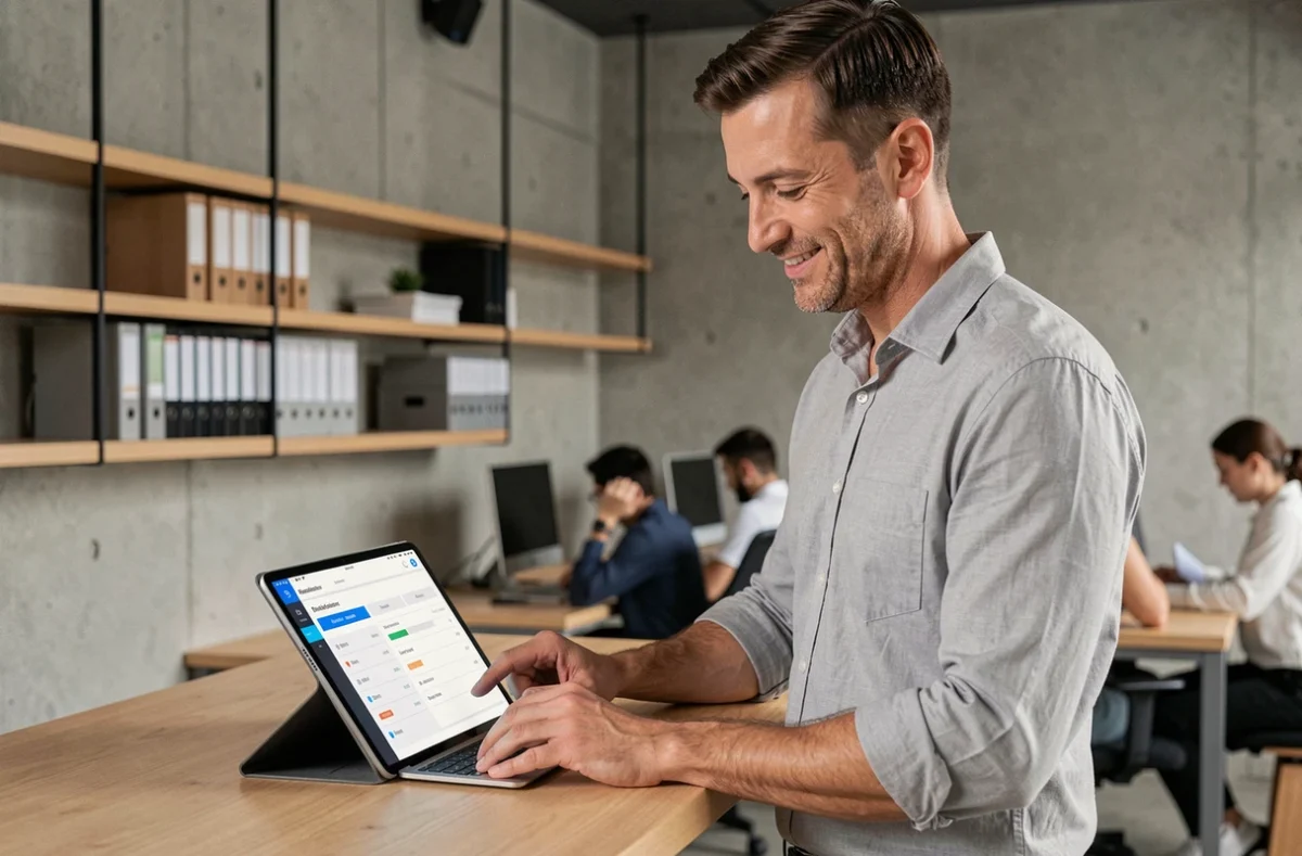 Responsable RH validant la distribution électronique de fiches de paie sur tablette au bureau