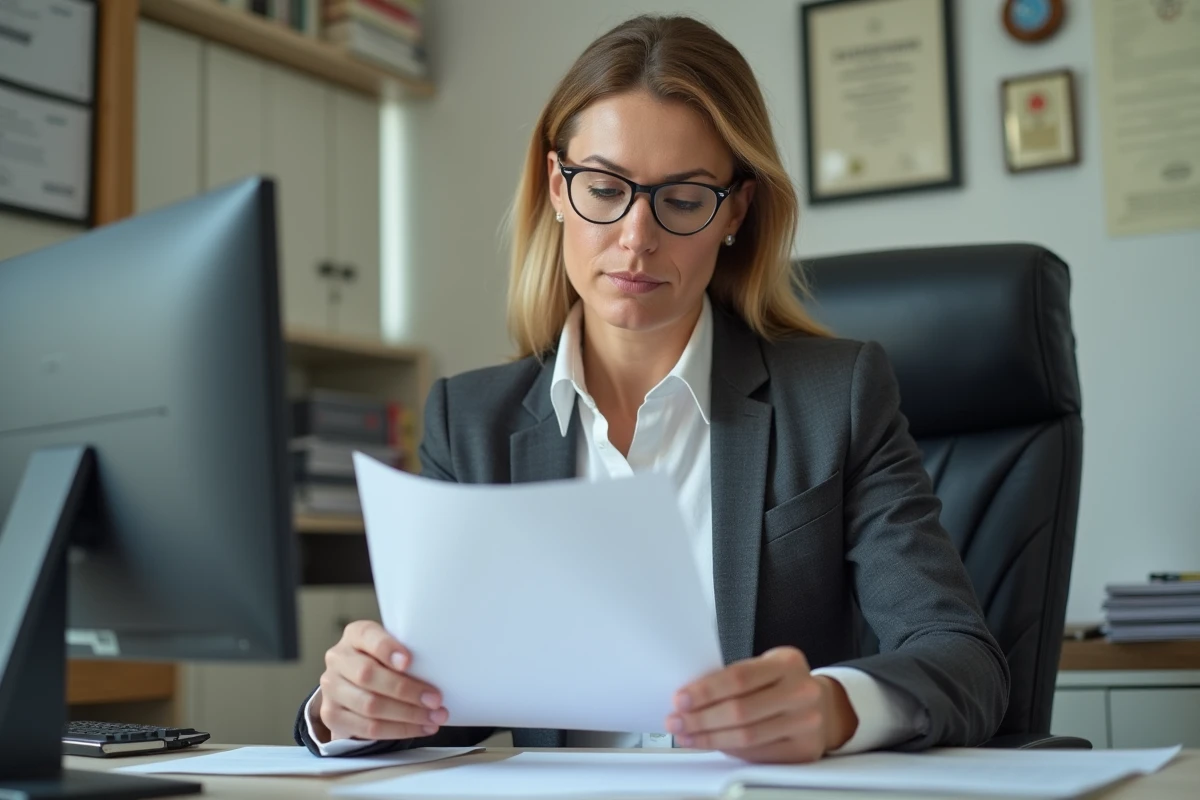 Responsable RH examinant un dossier d'employé absent, dans le cadre d'une procédure disciplinaire pour absence injustifiée