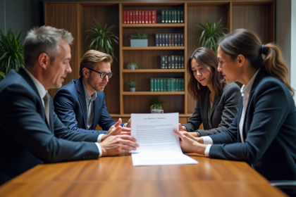 Groupe de quatre adultes en réunion d'affaires autour d'une table