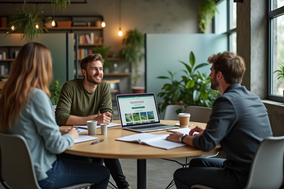Jeune professionnel discutant de sa carrière dans l'environnement avec des collègues autour d'un ordinateur portable en espace de coworking