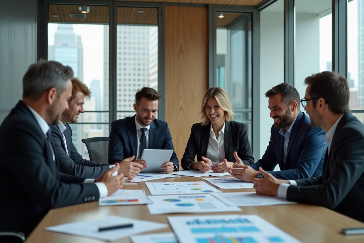 Groupe de professionnels en r&eacute;union dans une salle moderne