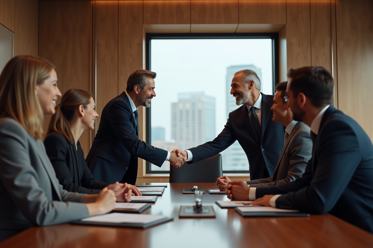 Professionnels en réunion échangeant chaleureusement