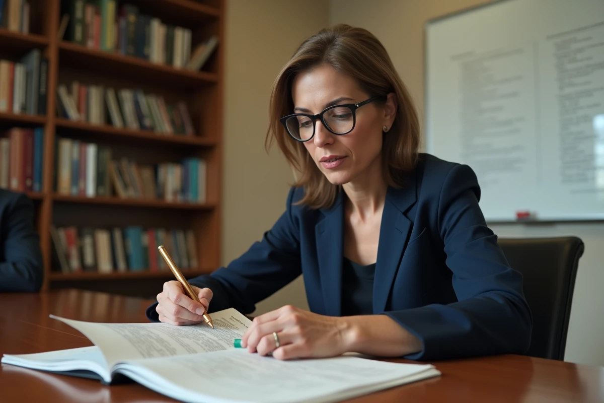 Femme d'une association relisant les statuts et le règlement intérieur annotés lors d'une réunion administrative