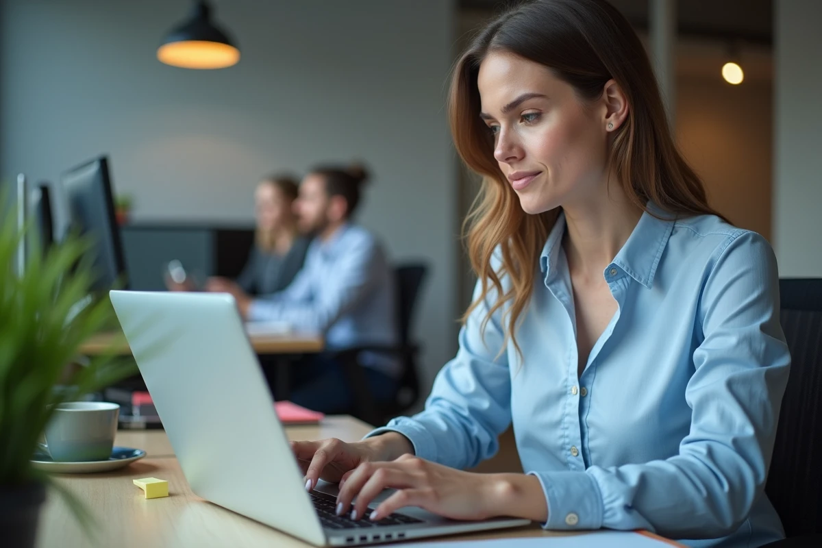 Salariée consultant son espace MyPrimobox sur un ordinateur portable au bureau
