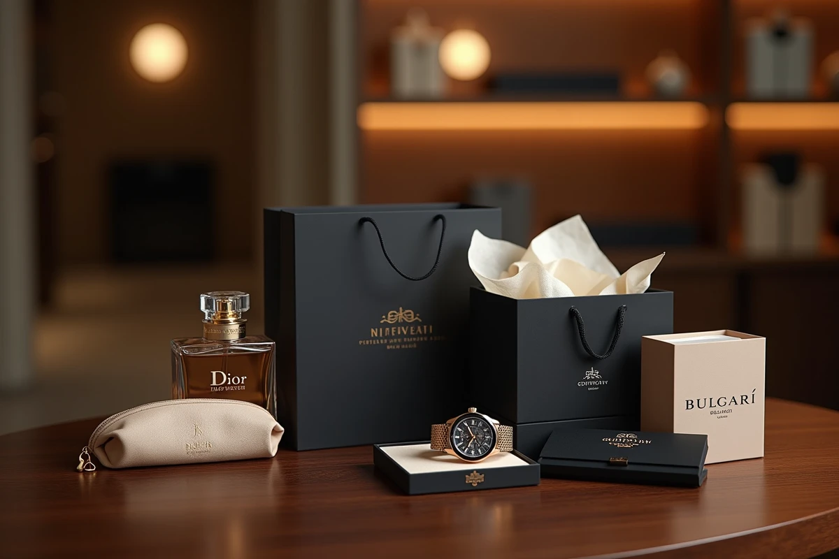 Sélection de cadeaux de luxe des marques LVMH incluant Dior, TAG Heuer, Givenchy et Bulgari disposés sur un comptoir en bois raffiné