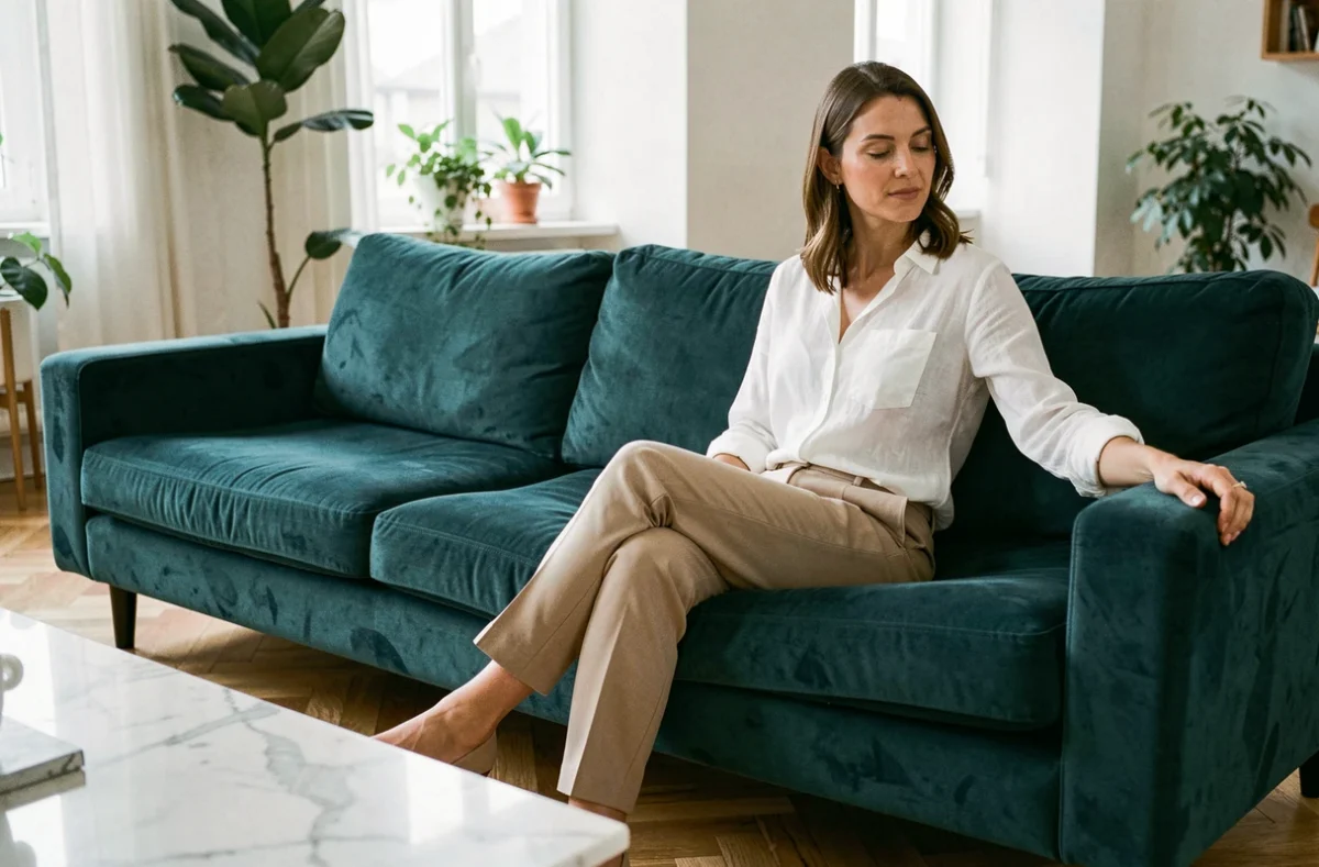 Femme assise sur un canapé velours SOFFRAN Tapizados dans un salon moderne, comparaison qualité-prix face aux marques de luxe