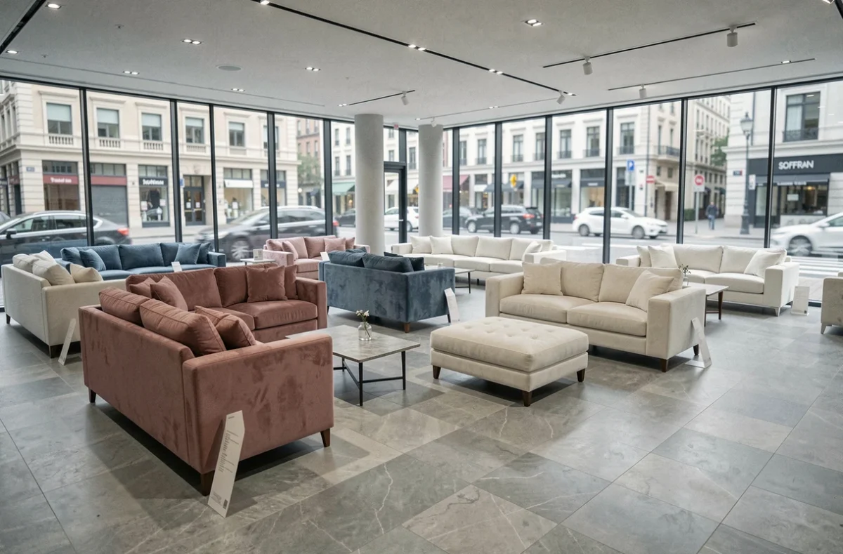 Showroom SOFFRAN Tapizados présentant une gamme complète de canapés et fauteuils tapissés, alternative crédible aux marques de mobilier de luxe