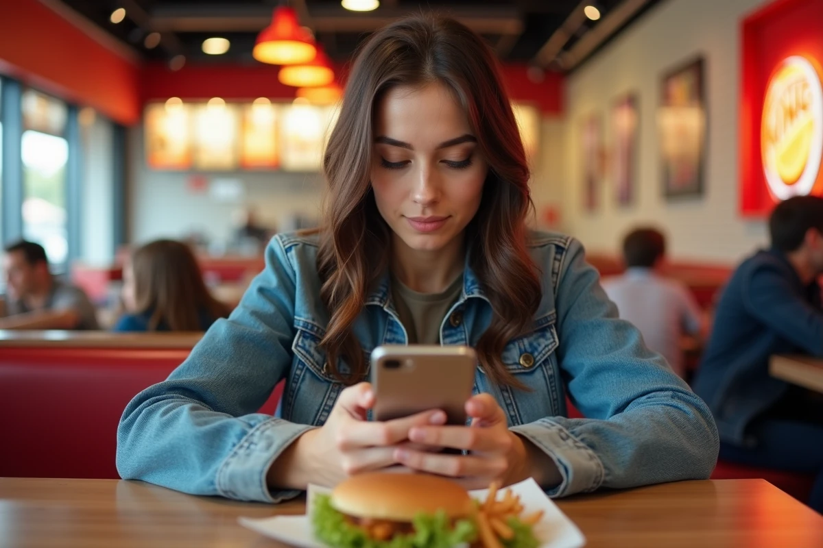 Jeune femme remplissant un sondage de satisfaction Burger King sur son smartphone en restaurant