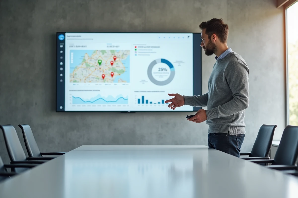 Spécialiste en référencement naturel présentant les résultats SEO locaux de Rennes lors d'une réunion client