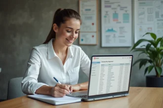 Femme professionnelle élaborant une stratégie de noms de domaine sur son ordinateur portable dans un espace de coworking moderne