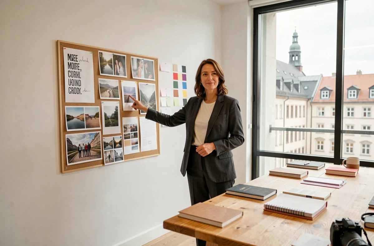 Directrice créative de Studio Meta animant une séance de revue autour d'un moodboard dans un atelier créatif avec vue sur Strasbourg