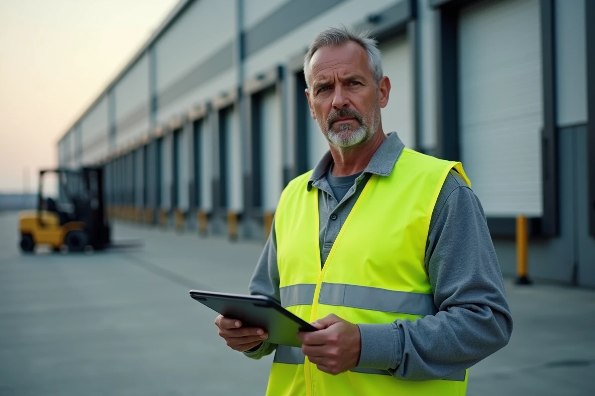 Responsable logistique en gilet jaune consultant un tableau de rotation d'équipes sur tablette devant un entrepôt
