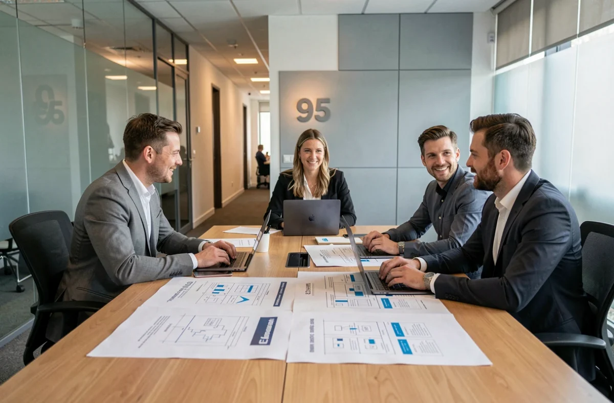 Équipe de Technet réunie autour de plans de sites internet dans leur agence de création web dans le 95