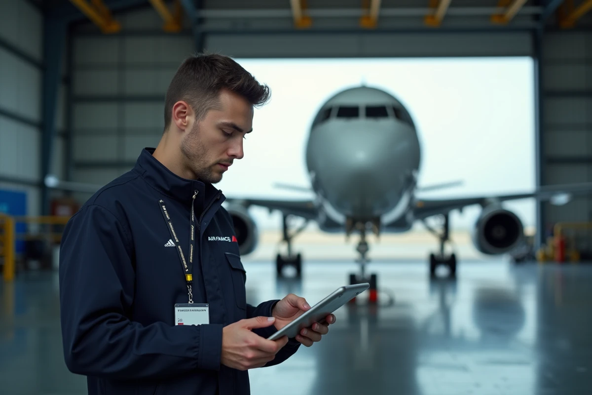 Technicien de maintenance Air France consultant une application intranet sur tablette devant un hangar d'aviation