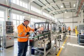 Technicien de maintenance contrôlant une machine sur une ligne de production