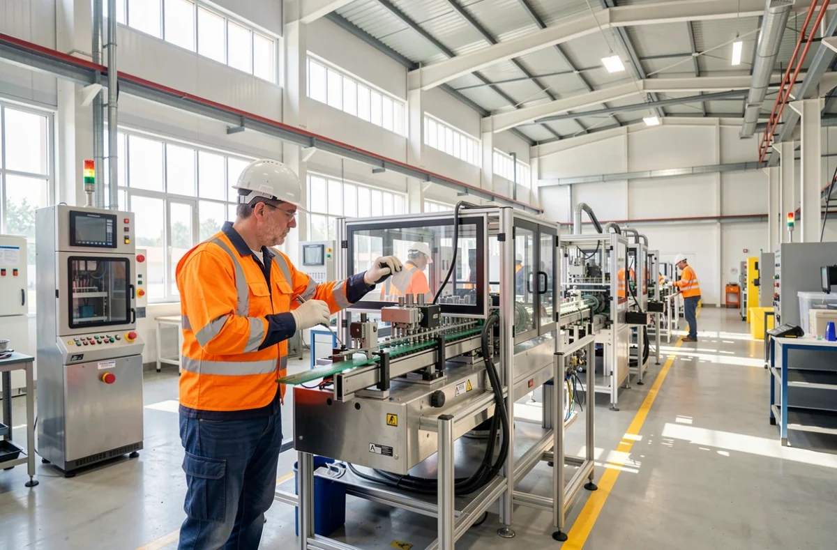 Technicien de maintenance contrôlant une machine sur une ligne de production