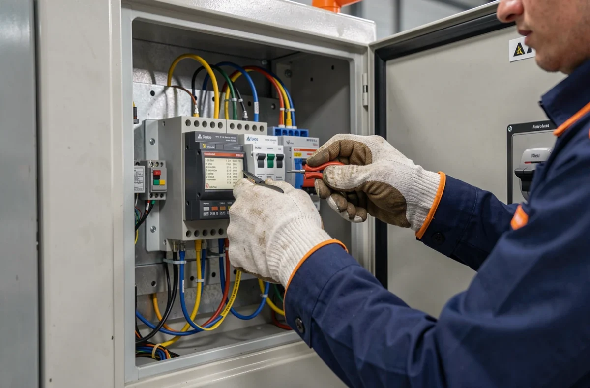Technicien en gants isolants travaillant dans une armoire électrique industrielle
