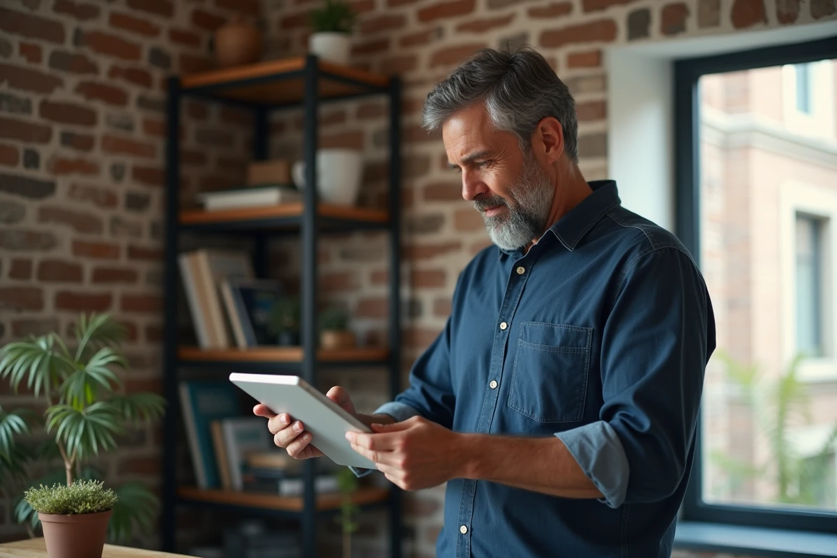 Homme en télétravail classant ses documents RH numériques sur tablette depuis son bureau à domicile