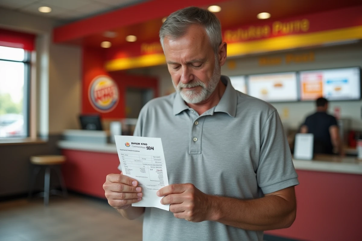 Homme consultant le code enquête de satisfaction sur son ticket de caisse Burger King