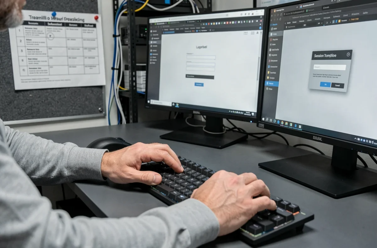Gros plan sur les mains d'un technicien face à une session expirée sur un formulaire de connexion ebatpro avec double écran