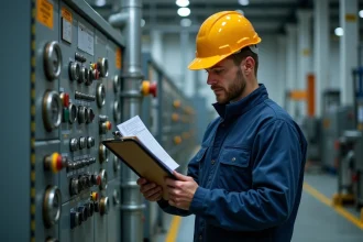 Ouvrier industriel en uniforme consultant un planning de travail posté dans une usine