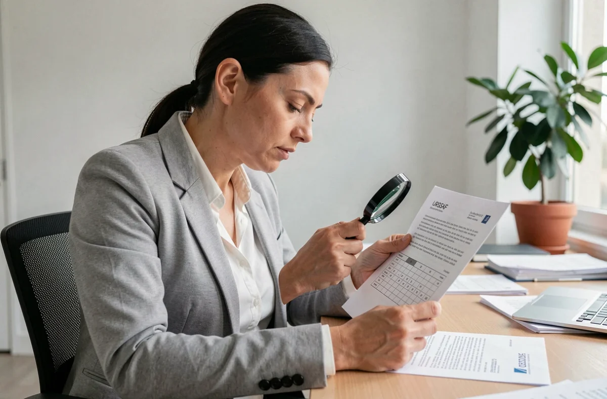 Femme vérifiant l'authenticité d'un numéro URSSAF sur un document officiel avec une loupe dans un bureau administratif