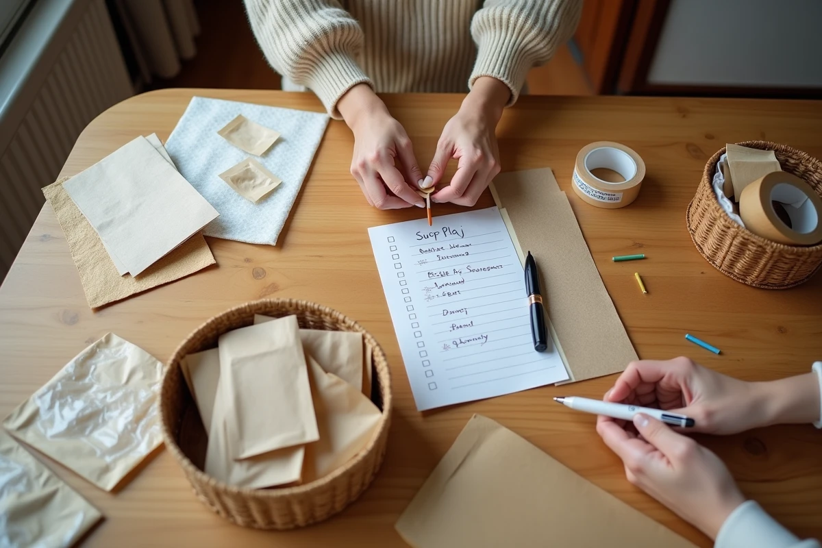Vue aérienne d'un espace d'emballage d'échantillons à domicile avec sachets, rubans adhésifs et étiquettes