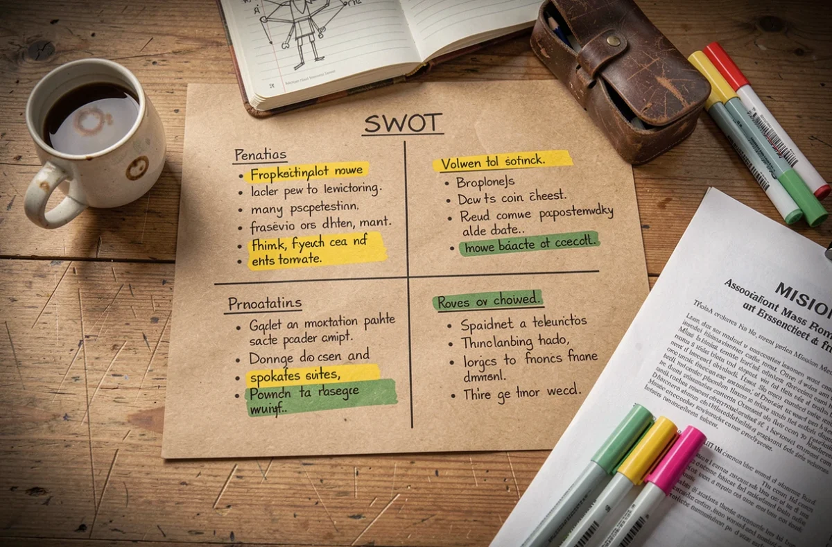 Vue aérienne d'une matrice SWOT manuscrite sur papier kraft posée sur un bureau d'association avec du matériel de travail