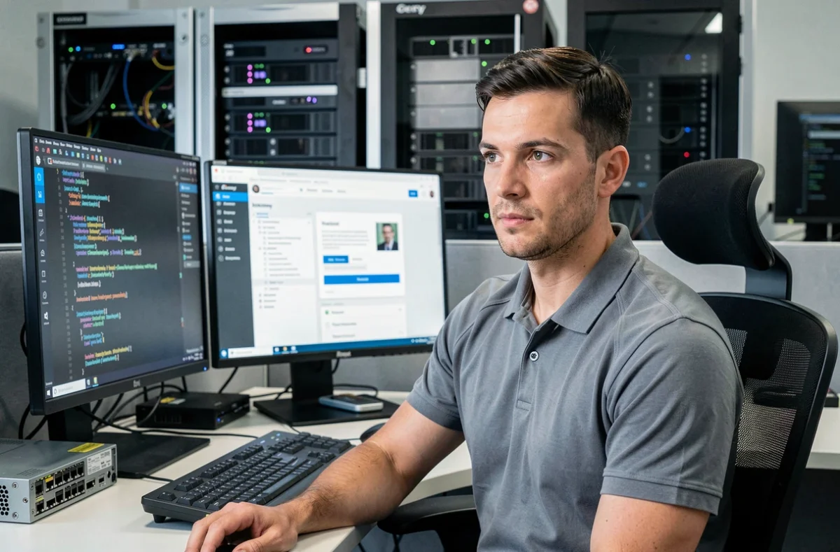 Technicien de ZFX AllTech développant une solution web dans les locaux de l'agence à Cergy-Pontoise